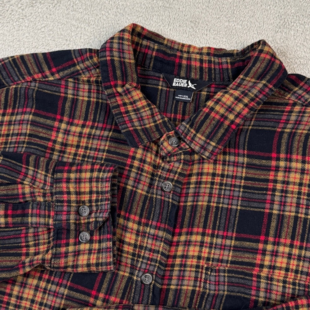 Eddie Bauer Mens XXL Plaid Flannel Shirt Long Sleeve Cotton Black Orange Red EUC